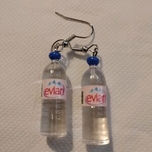 Evian Water Bottle Pierced Earrings  Silver tone Acrylic Miniature Dangle 1 1/4